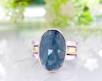 Blue Kyanite Statement Ring - 925 Sterling Silver, Rose Cut Gemstone - Bold Cocktail Jewelry Gift for Her