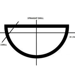 Puede incluir: Diagrama de corte de piedra preciosa con etiquetas para puntos de perforaci&oacute;n. El dise&ntilde;o presenta una forma de semic&iacute;rculo con una parte superior recta y una inferior curva. L&iacute;neas que indican las ubicaciones de perforaci&oacute;n.