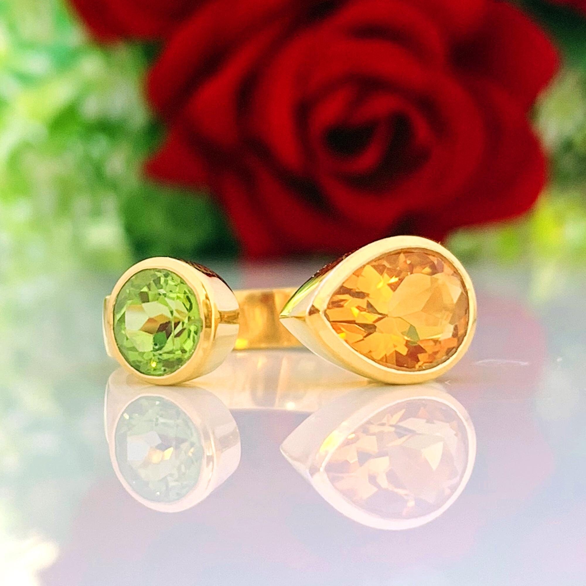 Citrine and Peridot Ring ~ 18k Gold Ring ~ Double Stone Adjustable Ring ~ Birthday Gift For Women ~ Statement Ring ~ Chunky Ring ~ R-0089