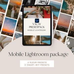 May include: A digital tablet screen displaying a mobile Lightroom preset pack called "Vacay Preset Pack". The screen shows a collage of photos with a sunset, a cat, and a beach. The text "6 Kleur Presets" and "2 Zwart-Wit Presets" is displayed below the tablet.