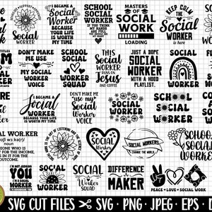 以下が含まれることがあります： ソーシャルワークに関連するさまざまなデザインを特徴とする、白黒のSVGカットファイル24個のセット。デザインには、「ソーシャルワーカー」、「スクールソーシャルワーカー」、「コーヒーとソーシャルワーク」、「未来のソーシャルワーカー」などのテキストフレーズが含まれています。一部のデザインには、ハート、ひまわり、虹のイラストも含まれています。
