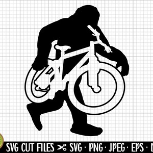 May include: A black silhouette of a Bigfoot riding a bicycle. The bicycle has a large front wheel and a smaller back wheel.