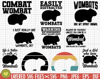 Op de afbeelding: Een set van 10 digitale snijbestanden met wombats. De ontwerpen bevatten tekst zoals "Combat Wombat", "Gemakkelijk afgeleid", "Wombats zijn mijn spiritdier", "Gewoon een meisje dat van wombats houdt" en "Het leven is beter met wombats".