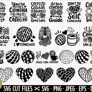 May include: A set of 20 black and white SVG cut files featuring various designs with the text "Concha" and "Cafecito". The designs include hearts, coffee cups, and a variety of concha bread designs.