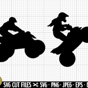 May include: Two black silhouette images of people riding quad bikes. The first image shows a person riding a quad bike straight ahead. The second image shows a person riding a quad bike on its back wheels.