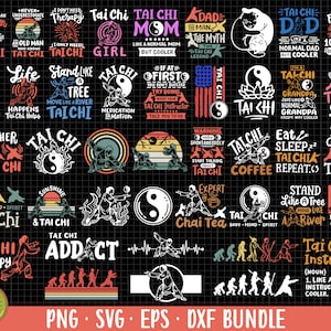 May include: A collection of 25 Tai Chi-themed SVG cut files. The designs feature various Tai Chi symbols, sayings, and illustrations. The designs are in black and white and have a vintage aesthetic.