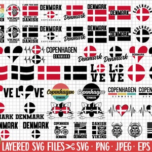 May include: A collection of Denmark-themed SVG files in red, white, and black. Designs include flags, hearts, text that says "Denmark", "Copenhagen", and "Vikings", and a bicycle. The image also includes text that says "Layered SVG Files SVG PNG JPEG EPS DXF".