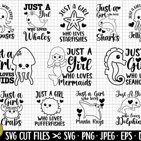 under the sea svg bundle just a girl who loves sea horses star fish squid octopus jellyfish png eps dxf jpeg bundle cricut cut file