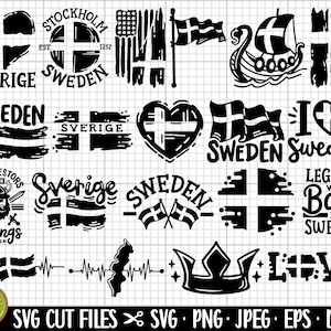 Op de afbeelding: Een set van 18 zwart-witte SVG-snijbestanden met verschillende ontwerpen met betrekking tot Zweden. De ontwerpen omvatten tekst, vlaggen, harten, kronen en Viking-beelden. De tekst omvat "Zweden", "Sverige", "Stockholm", "Legenden werden geboren in Zweden", "Mijn voorouders waren Vikingen", en "Liefde".