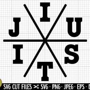 May include: Black graphic design with the word "JIU JITSU" arranged in a cross pattern. The image includes the text "SVG CUT FILES" and file type abbreviations.