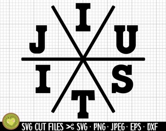 Peut inclure: Graphique noir avec le mot "JIU JITSU" disposé en croix. L'image comprend le texte "SVG CUT FILES" et les abréviations des types de fichiers.