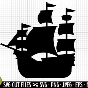 Pode incluir: Silhueta preta de um navio com três velas. O navio tem um casco grande e uma proa pontiaguda. As velas estão cheias e a balançar ao vento.