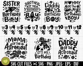 May include: A set of 12 black and white SVG cut files featuring astronaut and birthday themes. The designs include phrases like "Sister of the Birthday Boy", "Brother of the Birthday Boy", "Daddy of the Birthday Boy", "Mommy of the Birthday Boy", "I am 3", "I am 4", "I am 5", "I am 6", "I am 7", "I am 8", "I am 9", "I am 10", "I am 11", "I am 12", "Moma of the Astronaut", "It's My Birthday", and "Daddy of the Astronaut".