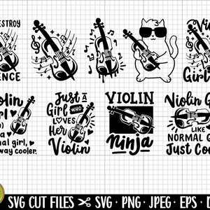 May include: A set of 8 black and white SVG cut files featuring a violin and text. The text includes "I Destroy Silence", "Violin Girl", "Just a Girl Who Loves Her Violin", "Violin Ninja", and "Violin Girl Like a Normal Girl Just Cooler".