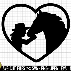 May include: A black silhouette of a girl wearing a cowboy hat and a horse inside a heart shape.