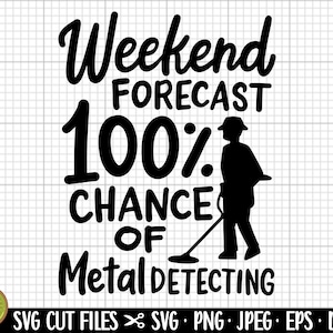 Puede incluir: Diseño gráfico en blanco y negro con el texto "Weekend Forecast 100% Chance of Metal Detecting". Se incluye una silueta de una persona con un detector de metales en el diseño.