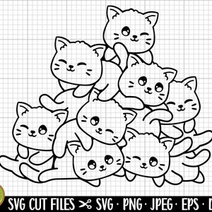 Könnte beinhalten: Eine Schwarzweiß-Zeichnung von acht niedlichen Cartoon-Katzen mit großen Augen und lächelnden Gesichtern. Die Katzen sind alle unterschiedlich groß und übereinander gestapelt.