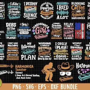 May include: A collection of 20 harmonica-themed SVG cut files. The designs feature various phrases and images related to harmonicas, including "I Destroy Silence", "Harmonica Girl", "I Only Play Harmonica on Days that End in "Y"", and "Never Underestimate a Man with a Harmonica".