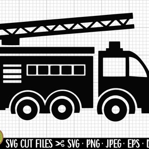 May include: Black and white silhouette of a fire engine with a ladder on top. The engine has a large window on the side and three wheels.