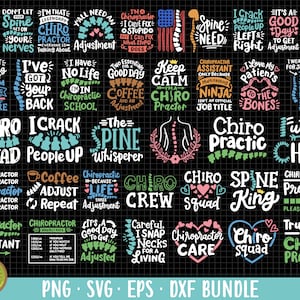 Op de afbeelding: Een verzameling van 24 kleurrijke digitale ontwerpen met tekst over chiropractie. De ontwerpen bevatten zinnen zoals "Chiro Squad", "I Crack People Up", "Spine King" en "Future Chiro".