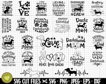 Peut inclure: Un ensemble de 16 fichiers de découpe SVG en noir et blanc représentant des designs de chiens teckel. Les designs incluent des phrases comme "Papa Teckel", "Maman Teckel", "La vie est belle avec un teckel" et "J'étais normal il y a 2 teckels".