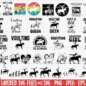 Puede incluir: Un conjunto de 25 archivos SVG en blanco y negro que presentan varios diseños relacionados con la volteo, una disciplina ecuestre. Los diseños incluyen frases como "Just a Girl Who Loves Vaulting", "Vaulting Mama", "Vaulting Queen", y "Born to Dance on Horseback".