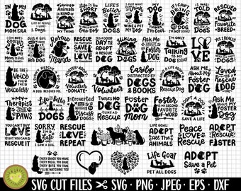 Puede incluir: Una colección de 30 archivos de corte SVG en blanco y negro con diseños de temática canina. Los diseños incluyen frases como "In My Dog Mom Era", "Rescue Love Repeat", "Foster Dog Mom" y "Adopt a Dog Save a Life".
