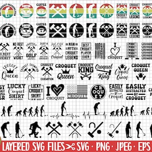 May include: A collection of black and white vector graphics featuring various designs related to the game of croquet. The designs include text, images of croquet mallets and balls, and other related imagery. The designs are layered and can be used for crafting, scrapbooking, and other creative projects.