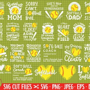 Op de afbeelding: Een digitale download van 20 softball-thema SVG-snijbestanden. De ontwerpen bevatten verschillende zinnen en afbeeldingen met betrekking tot softball, waaronder "Softball Mom", "Softball Dad", "Softball Sister" en "Ik ben een softball-beest".