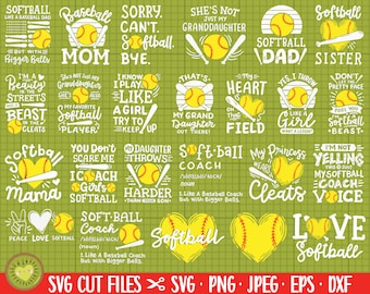 May include: A digital download of 20 softball-themed SVG cut files. The designs feature various phrases and images related to softball, including "Softball Mom", "Softball Dad", "Softball Sister", and "I'm a Softball Beast".