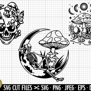 May include: Black and white digital illustration of a skeleton sitting on a crescent moon with mushrooms growing around it. The skeleton is wearing sunglasses and has a relaxed pose. There is a mushroom with a large cap in the background.
