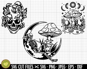 May include: Black and white digital illustration of a skeleton sitting on a crescent moon with mushrooms growing around it. The skeleton is wearing sunglasses and has a relaxed pose. There is a mushroom with a large cap in the background.