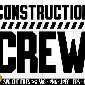Może przedstawiać: Czarno-biały projekt graficzny z tekstem "CONSTRUCTION CREW" w pogrubionej czcionce. Tekst jest oddzielony czarno-białą linią w paski.
