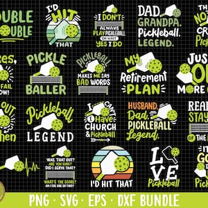 Könnte beinhalten: Ein Set mit 16 digitalen Designs mit Pickleball-Motiven, Text und Bildern. Die Designs beinhalten Sätze wie "Double Trouble", "Pickleball Legend", "Just One More Game" und "I'd Hit That". Die Designs sind in verschiedenen Farben gehalten, darunter Grün, Gelb, Schwarz und Weiß.