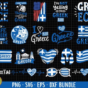 May include: A digital download bundle of 12 SVG cut files featuring Greek flag designs, Greek text, and Greek-themed sayings. The designs include a heart with the Greek flag, a Greek flag with the word "Greece" below it, and a Greek flag with the text "My Wife is Greek, Nothing Scares Me".