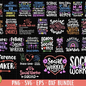 Pode incluir: Uma coleção de 20 designs digitais coloridos com a frase "Assistente Social" com várias ilustrações e texto. Os designs incluem frases como "Assistente Social do Futuro", "Assistente Social Escolar", "Criador de Diferenças" e "Só para curtir com uma playlist do bairro".