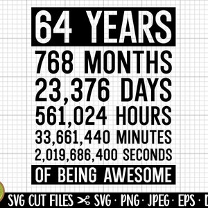 Puede incluir: Gráfico de texto en blanco y negro que dice "64 AÑOS 768 MESES 23.376 DÍAS 561.024 HORAS 33.661.440 MINUTOS 2.019.686.400 SEGUNDOS DE SER INCREÍBLE". El texto está sobre un fondo blanco con un patrón de cuadrícula negra.