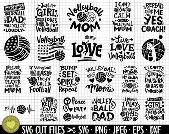 May include: A set of 18 black and white SVG cut files featuring volleyball-themed designs. The designs include phrases like "Volleyball Mom", "Just a Girl Who Loves Volleyball", and "I Can't Keep Calm I'm a Volleyball Mom".