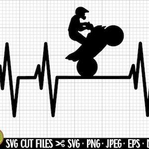 May include: Black and white silhouette of a person riding a dirt bike with a heart beat line behind them.