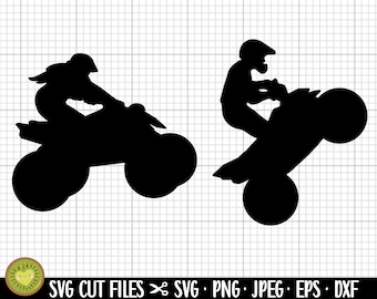 May include: Two black silhouette images of people riding four-wheelers. The person on the left is a woman riding a four-wheeler straight ahead. The person on the right is a man riding a four-wheeler on its back wheel.