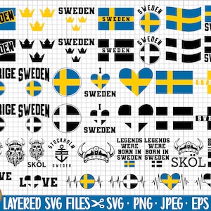 May include: A selection of Swedish-themed SVG files featuring the Swedish flag, text reading "Sweden" and "Sverige", crowns, Viking illustrations, and heart designs. The files are available in SVG, PNG, JPEG, EPS, and DXF formats for digital crafting projects.