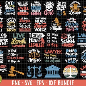 May include: A collection of 24 colorful digital designs featuring funny and punny sayings about lawyers. The designs include text like "My Favorite Lawyer Calls Me Mom", "I Speak Fluent Legalese", and "Lawyer in Progress".