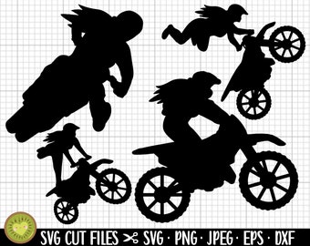 May include: Silhouettes of four people riding dirt bikes. The riders are in various poses, including a jump, a wheelie, and a seated position. The bikes are all black and have a simple design.