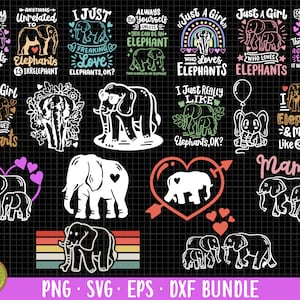 May include: A set of 16 digital cut files featuring various elephant designs with text overlays. The designs include phrases like "I Just Really Like Elephants", "Just a Girl Who Loves Elephants", and "Mama". The files are available in PNG, SVG, EPS, and DXF formats.