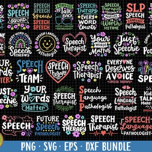 Op de afbeelding: Een verzameling van 20 kleurrijke digitale ontwerpen met zinnen en uitspraken over logopedie. De ontwerpen bevatten zinnen zoals "Speech Team", "Speech Therapist", "Speech Language Pathologist", "Every Word Counts", "Your Words Matter" en "Just Speechie".