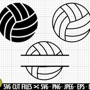 May include: Three black and white volleyball designs. One volleyball is solid black, one is outlined, and one is outlined with a blank space for text.