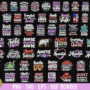 以下が含まれることがあります： おばさんに関するさまざまなフレーズとイラストを特徴とする、36種類のカラフルなデジタルデザインのコレクション。デザインには、「Best Auntie Ever」、「Auntie Vibes」、「Auntie Squad」、「Auntie Life is the Best Life」などのテキストが含まれています。デザインには、恐竜、クマ、ハートのイラストも含まれています。