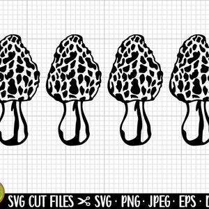 May include: Four black and white morel mushroom illustrations. The mushrooms are depicted in a simple, stylized design.