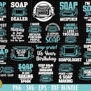 Puede incluir: Un paquete de diseños digitales en blanco y negro con 16 ilustraciones diferentes con temática de jabón con texto. El texto incluye frases como "Soap Lady", "Soap Whisperer", "Soap Making is Like Baking", y "Never Underestimate a Woman Who Makes Her Own Soap".