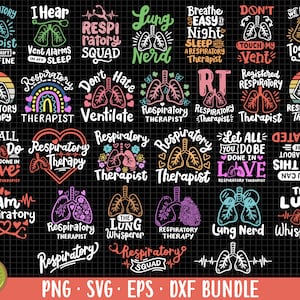 Puede incluir: Un paquete de descarga digital de 20 diseños SVG coloridos con ilustraciones de pulmones y texto relacionado con la terapia respiratoria. Los diseños incluyen frases como "Respiratory Therapist", "Lung Nerd", "The Lung Whisperer", y "Let All You Do Be Done In Love".